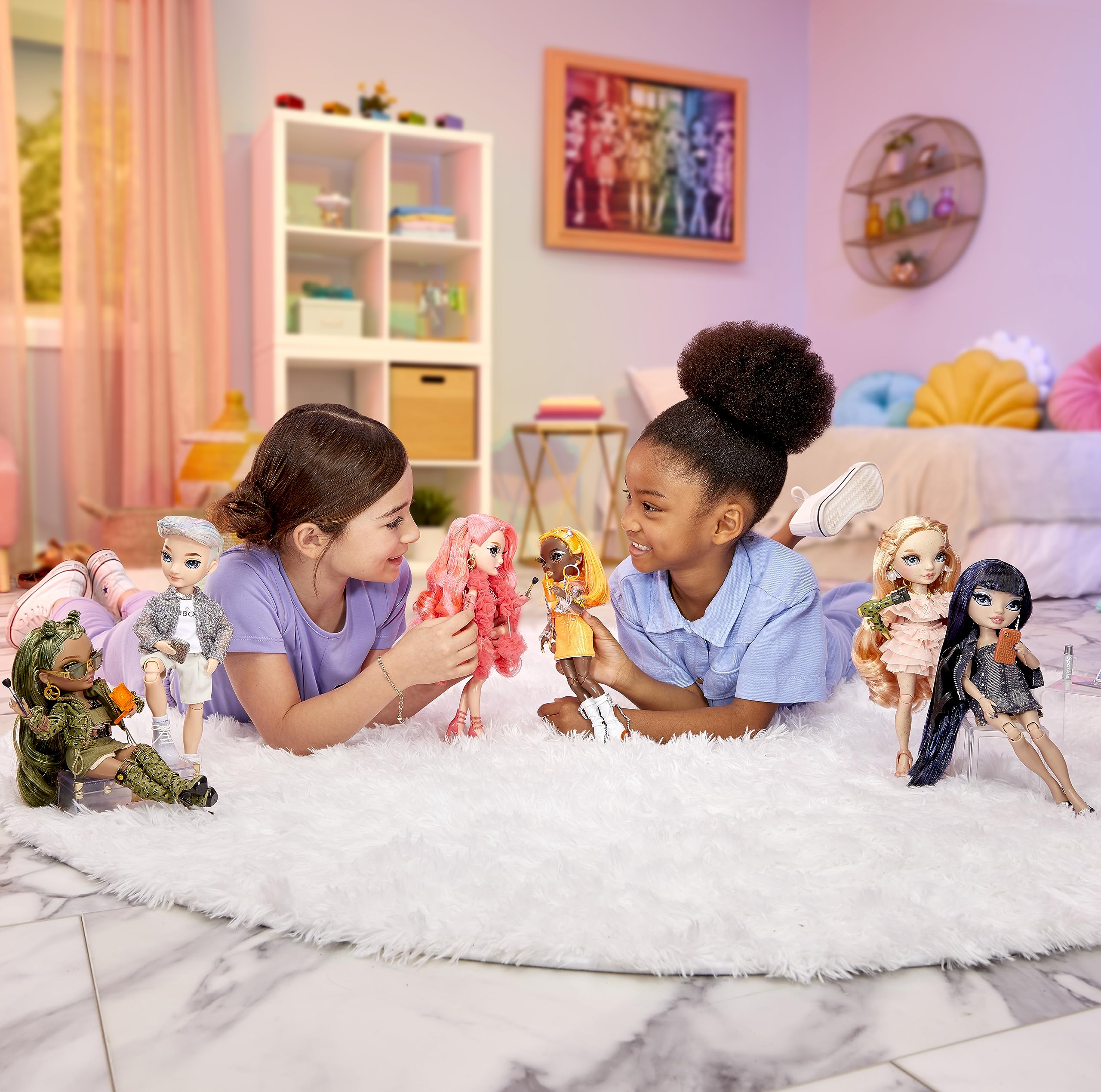 Two girls joyfully playing with colorful dolls in a bright, cheerful childrens room.