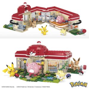 Colorful LEGO Pokémon Center with Pikachu, Eevee, and Chansey for imaginative play adventures.