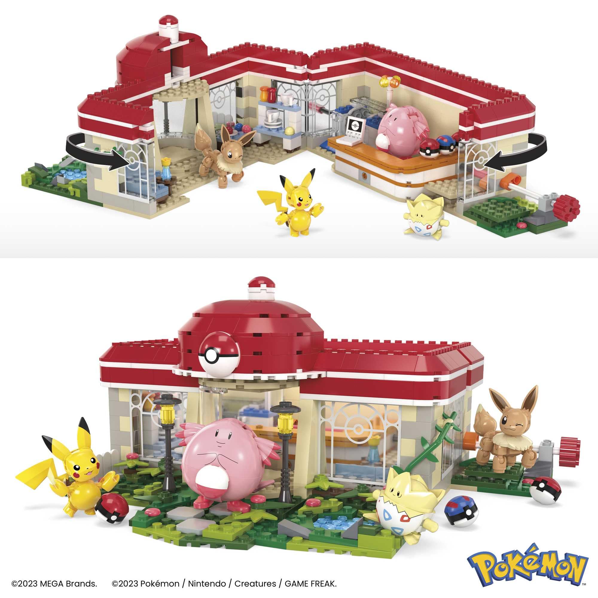 Colorful LEGO Pokémon Center with Pikachu, Eevee, and Chansey for imaginative play adventures.