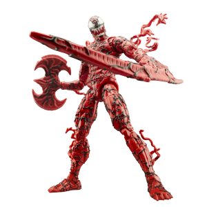 Fierce red warrior action figure with sword-axe and shield, showcasing dynamic power and detail.
