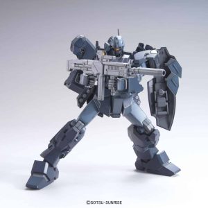 Combat-ready mecha model in aggressive pose, featuring futuristic weapon and large shield.