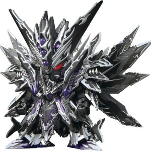 Fierce black and silver mecha with purple accents and a striking red eye, ready for battle.
