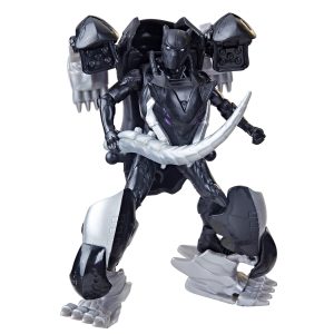 Futuristic robotic predator figure in dynamic pose, featuring sleek black and silver design.