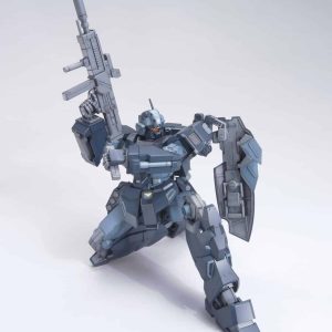 Sleek gray mecha warrior poised for combat with gun and shield against a beige backdrop.