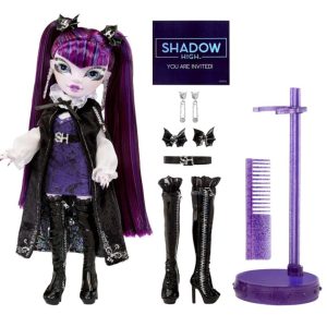Vibrant Shadow High doll with purple hair, chic cape, and stylish accessories for play and display.