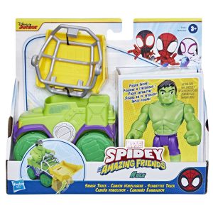 Colorful Spidey and Hulk Toy Set featuring chibi figures and a dynamic vehicle for imaginative play.