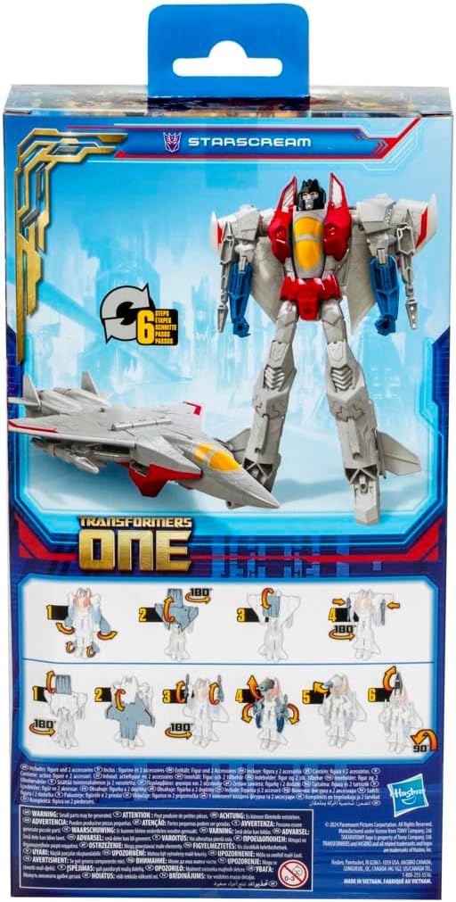Transformers Starscream toy packaging features vibrant colors and showcases his robot-to-jet transformation.