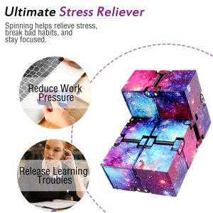Galaxy-themed stress relief cube for enhancing focus and reducing anxiety during work or study.