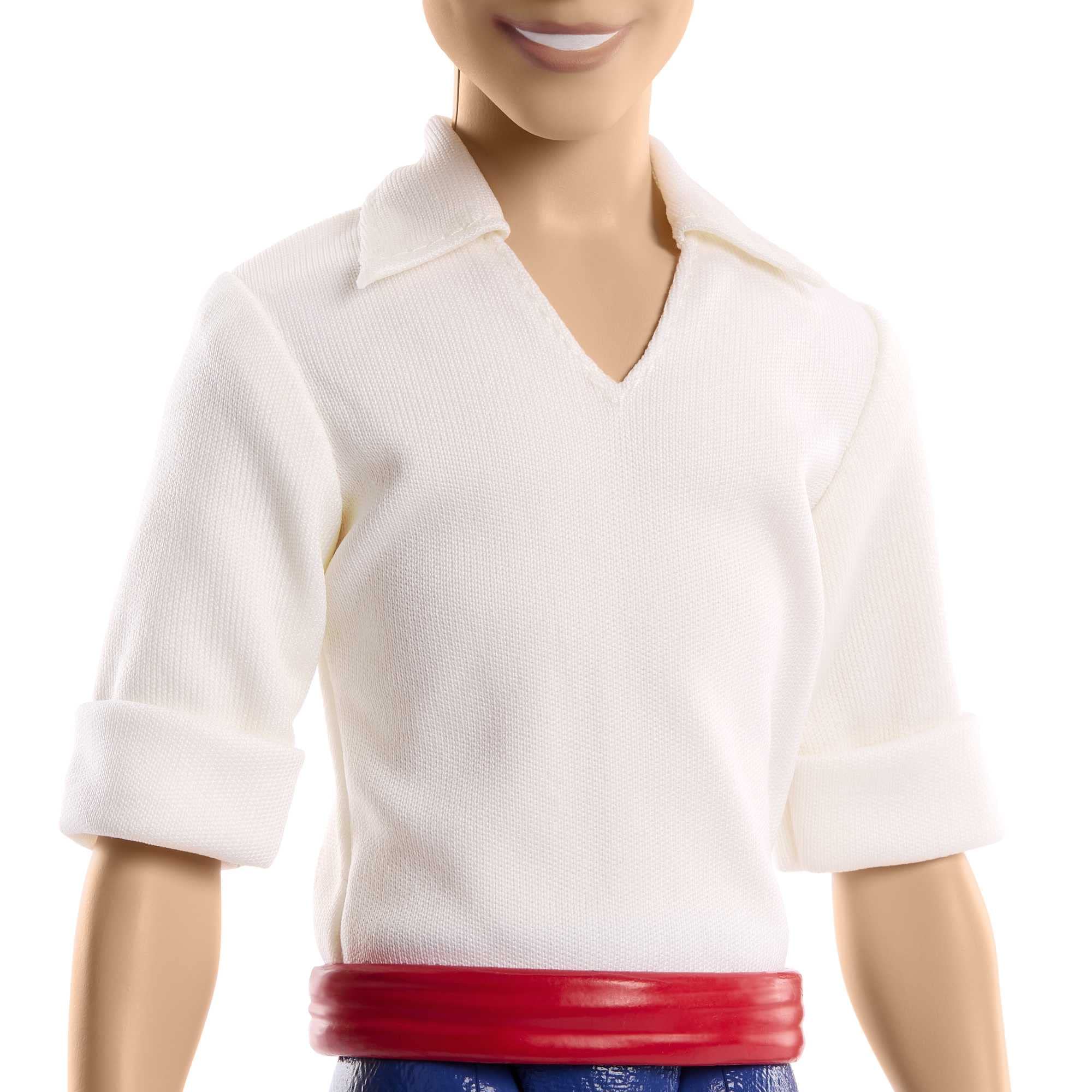 Charming doll in trendy V-neck shirt and red belt, perfect for playful fashion adventures.