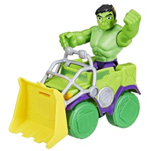 Colorful superhero action figure in playful construction vehicle for imaginative play and adventures.