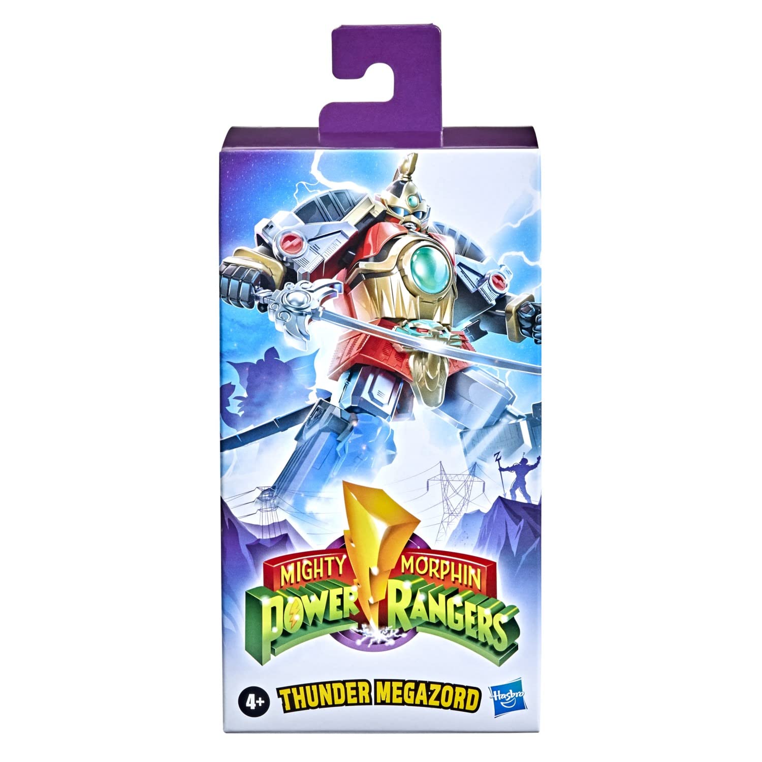 Thunder Megazord packaging design from Mighty Morphin Power Rangers, vibrant and nostalgic for all ages.