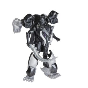 Battle-ready transformer figure in sleek black and white design with advanced weaponry and translucent claws.