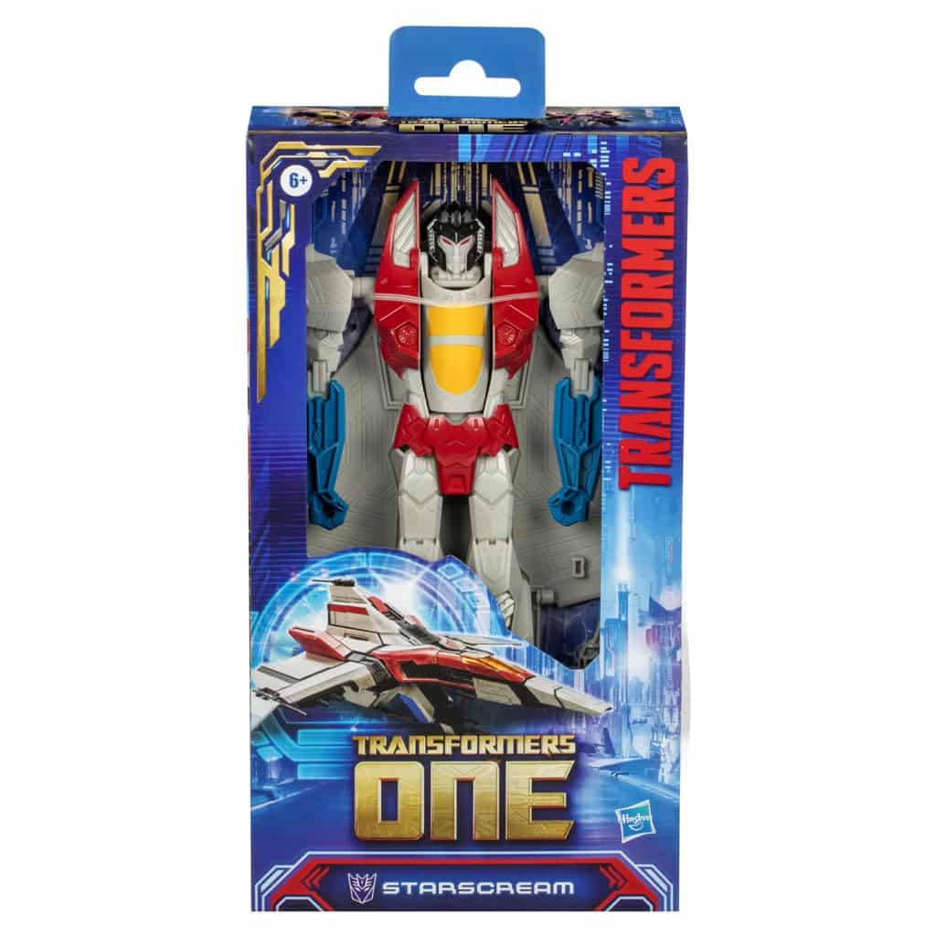 Transformers Starscream figure in vibrant packaging, showcasing dynamic design and collectible appeal.