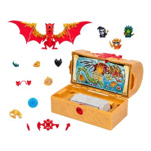 Vibrant treasure chest toy set featuring dragons and magical treasures for imaginative play.