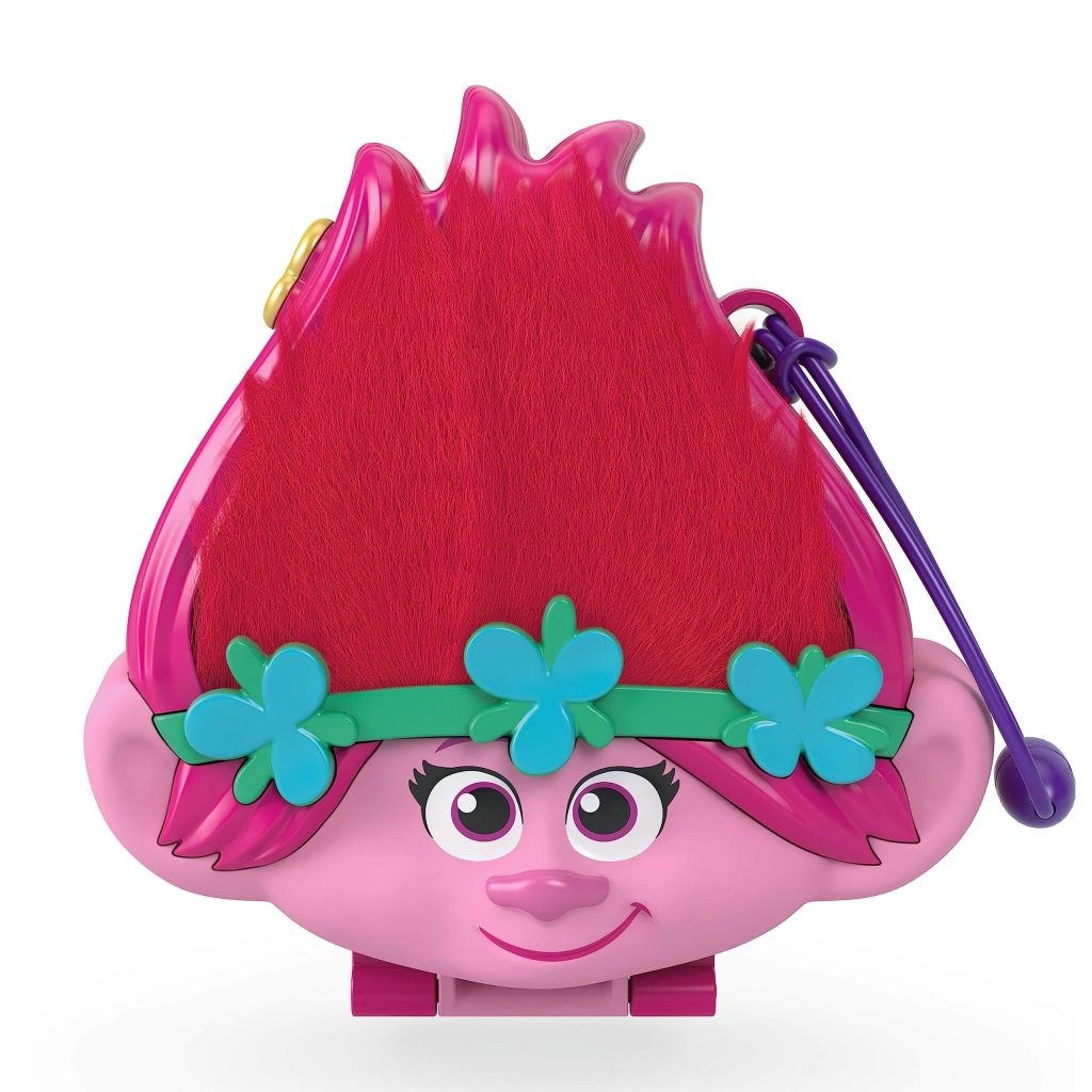 Cheerful Trolls toy character with spiky hair and flower crown, perfect for imaginative play.