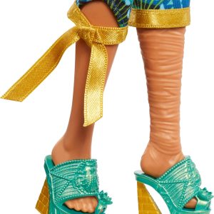 Vibrant tropical doll in chic pants and teal sandals, perfect for summer fun and style.
