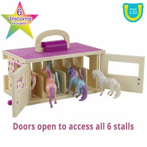 Charming unicorn stable playset with six colorful figurines for imaginative storytelling and play.