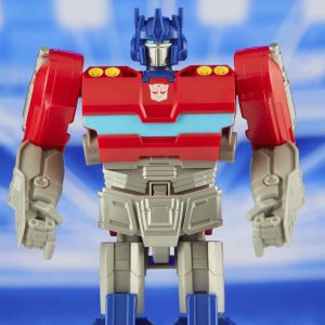 Vibrant robot action figure in red and blue, poised heroically against a blue gradient backdrop.
