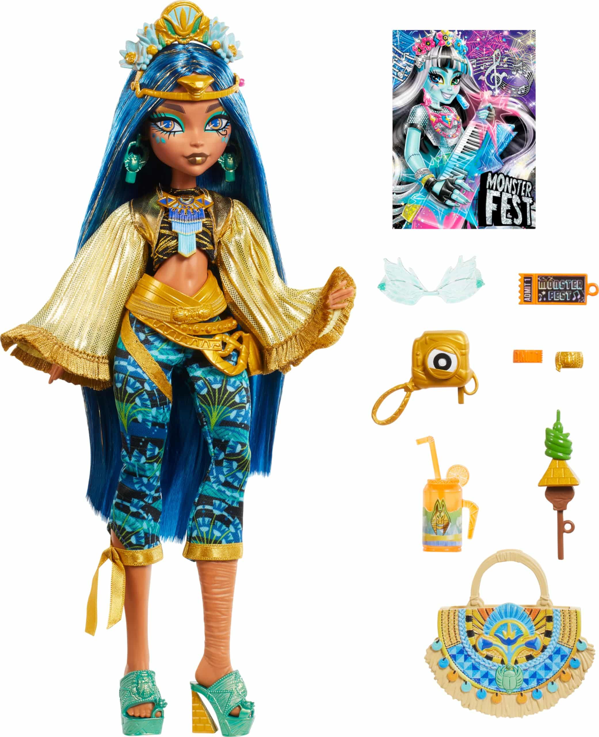 Glamorous blue-haired doll in Egyptian-inspired fashion, perfect for imaginative play and creativity.