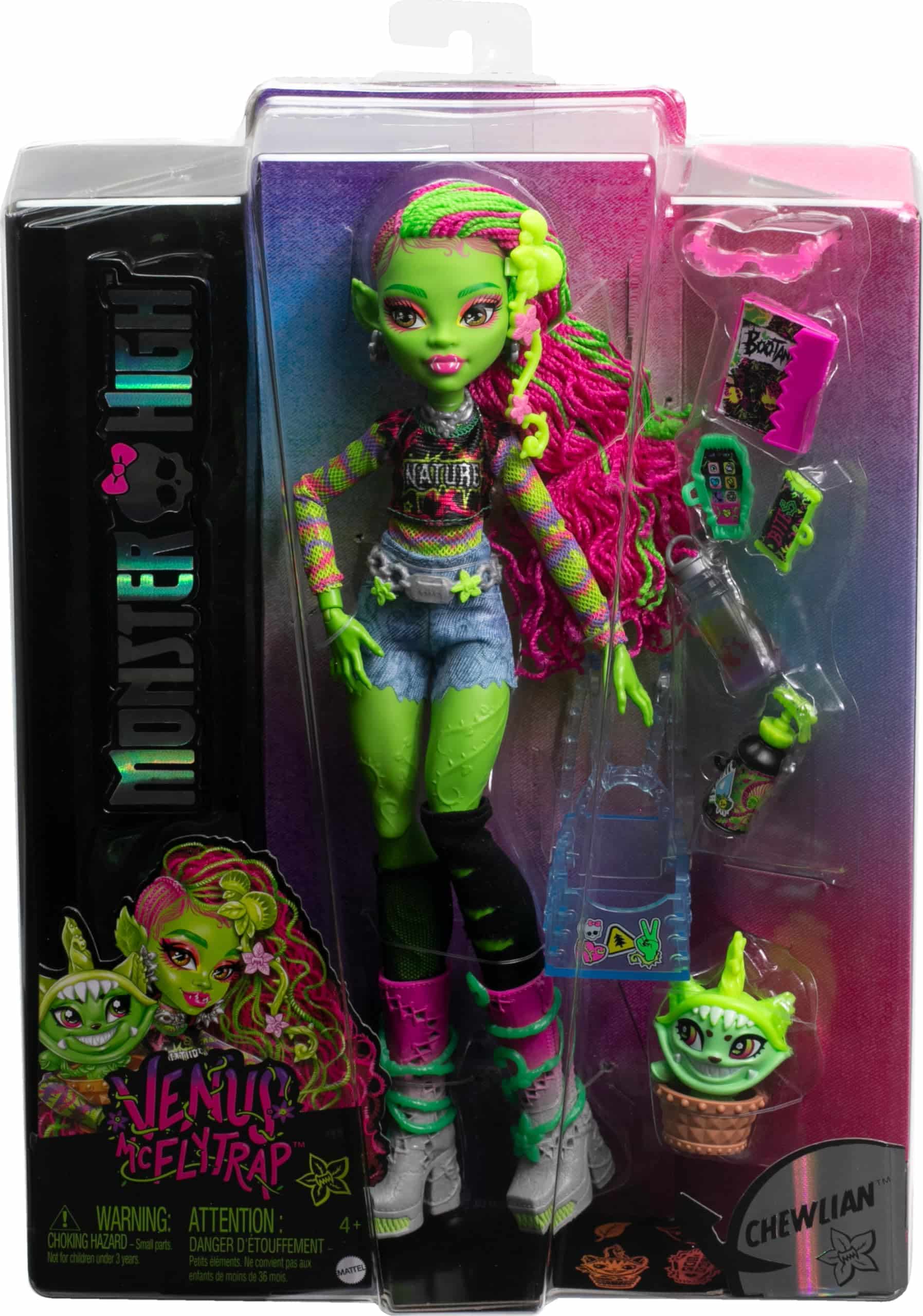 Trendy vibrant doll with green skin and pink hair, perfect for imaginative play and storytelling.