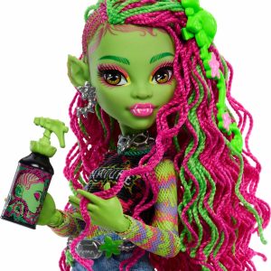 Colorful green doll with braids, oversized earrings, and a spray bottle, embracing creativity and individuality.