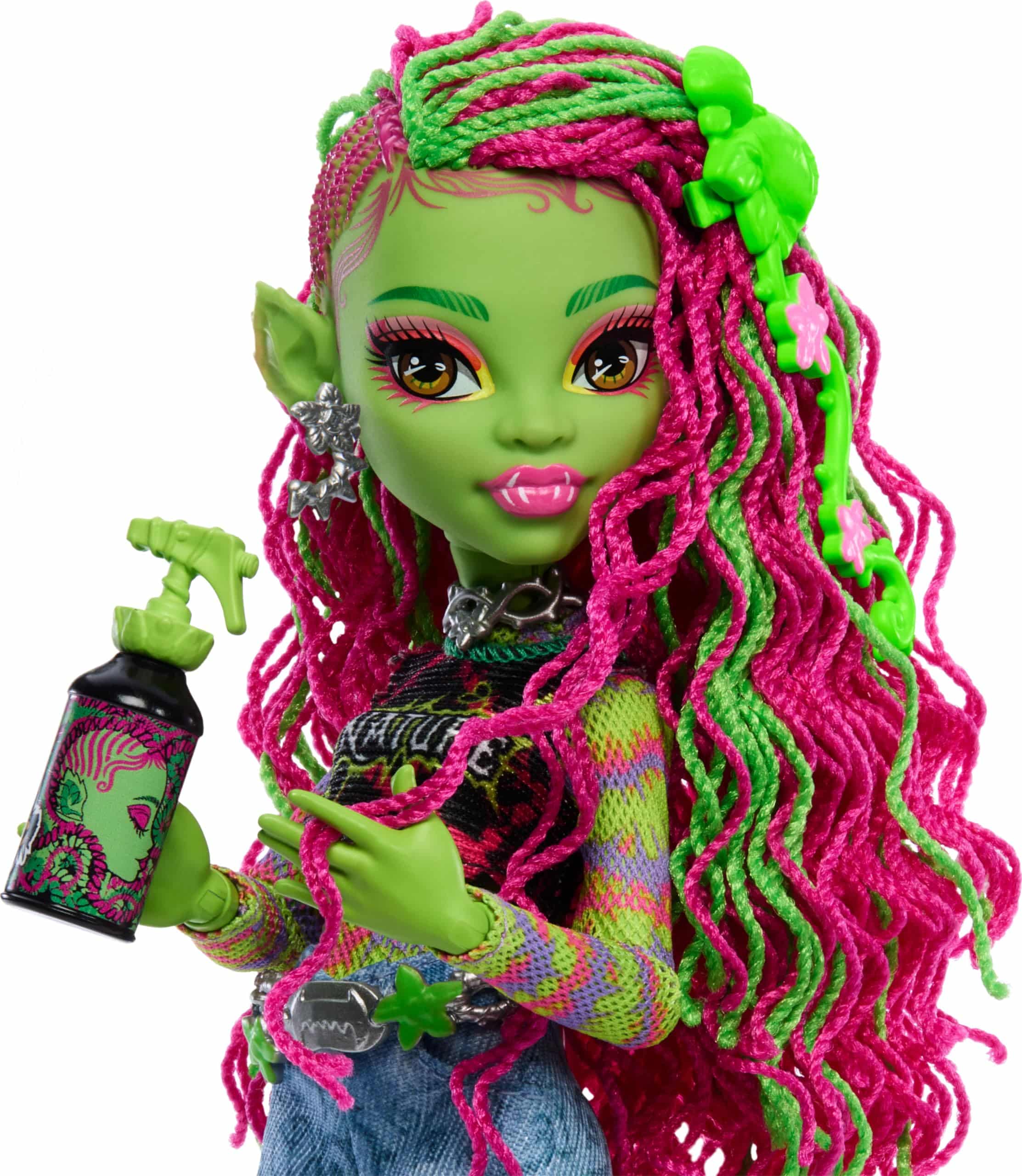 Colorful green doll with braids, oversized earrings, and a spray bottle, embracing creativity and individuality.