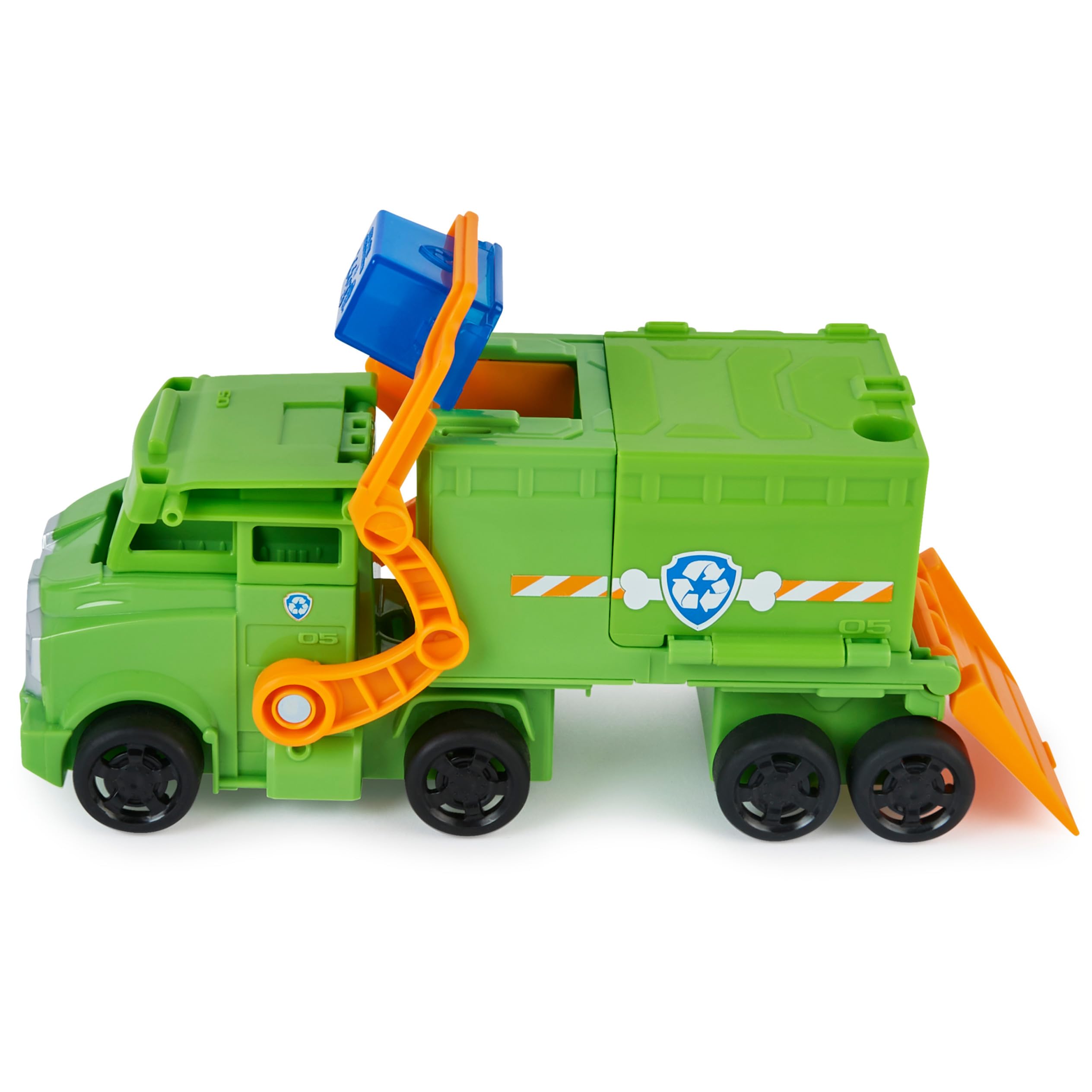 Bright green toy garbage truck with interactive arm and blue dumpster, perfect for imaginative play.