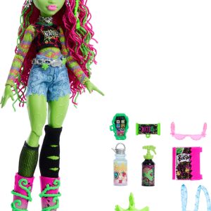 Edgy green doll with colorful hair, stylish outfit, and fun accessories for imaginative play.
