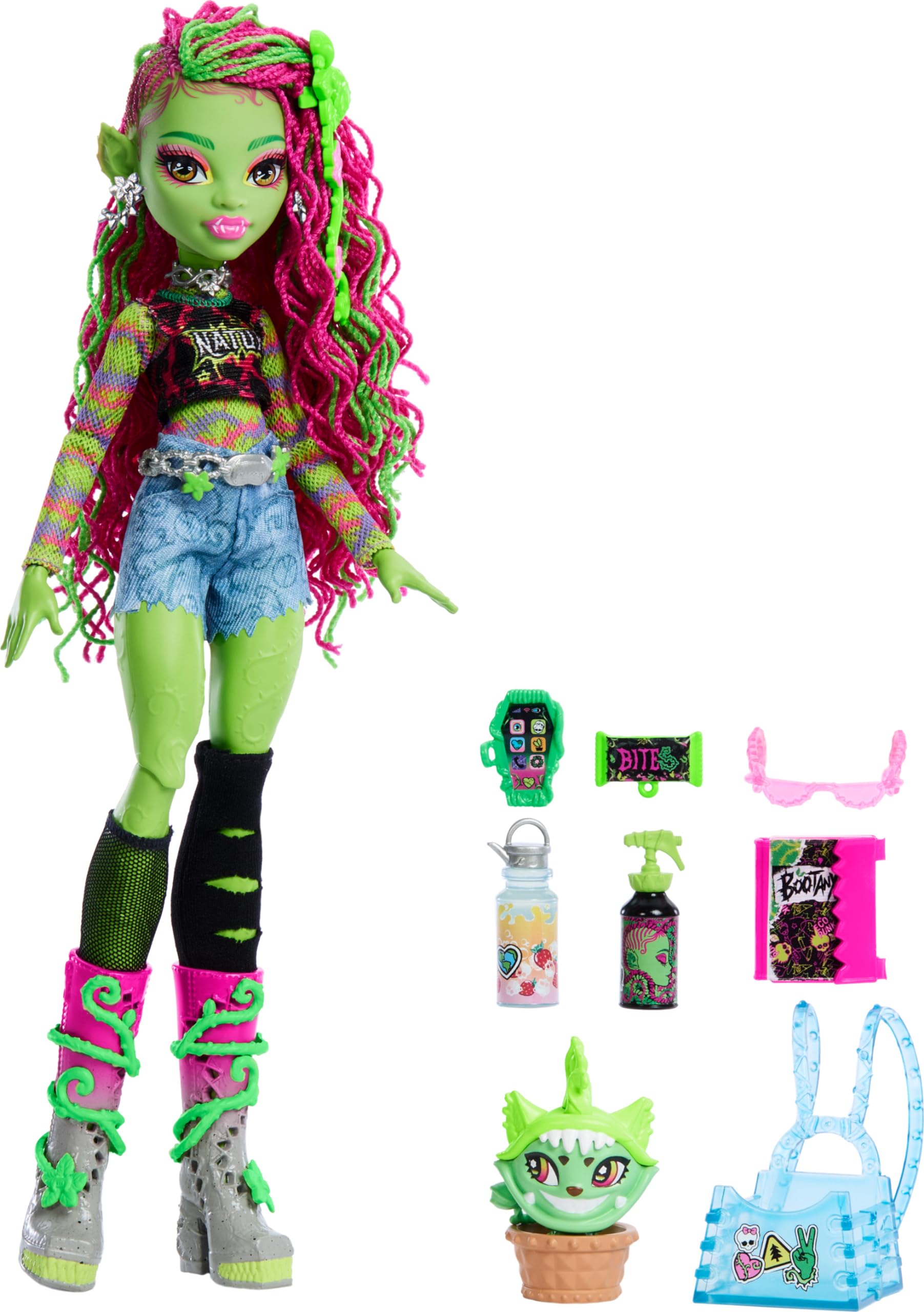 Edgy green doll with colorful hair, stylish outfit, and fun accessories for imaginative play.