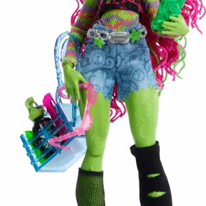 Whimsical green punk doll with trendy attire, vibrant hair, and playful accessories.