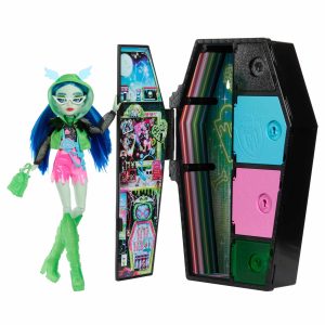 Whimsical green doll with colorful coffin case, perfect for imaginative play and collection.