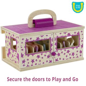 Whimsical toy box with stars, clear windows, and handle for imaginative play and organization.