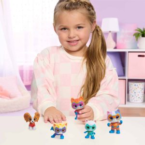 Joyful girl plays with colorful toys, including whimsical animals, in a bright, cheerful room.