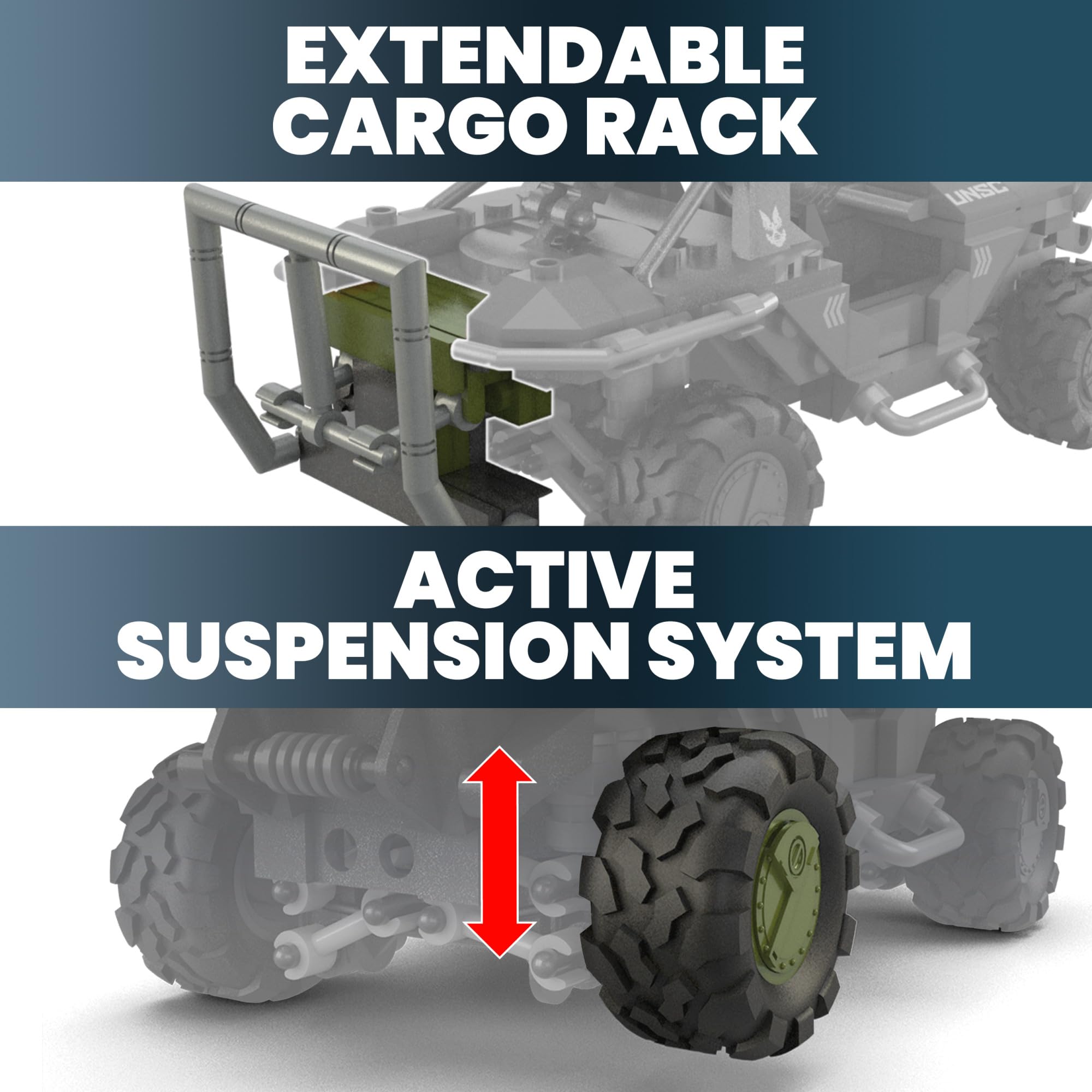 All-terrain vehicle showcasing extendable cargo rack and advanced active suspension system for enhanced performance.