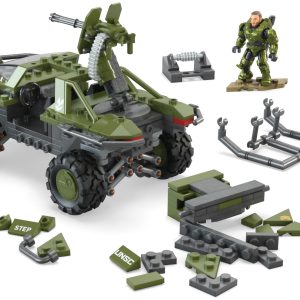 Military vehicle model with building blocks and action figurine for imaginative play.