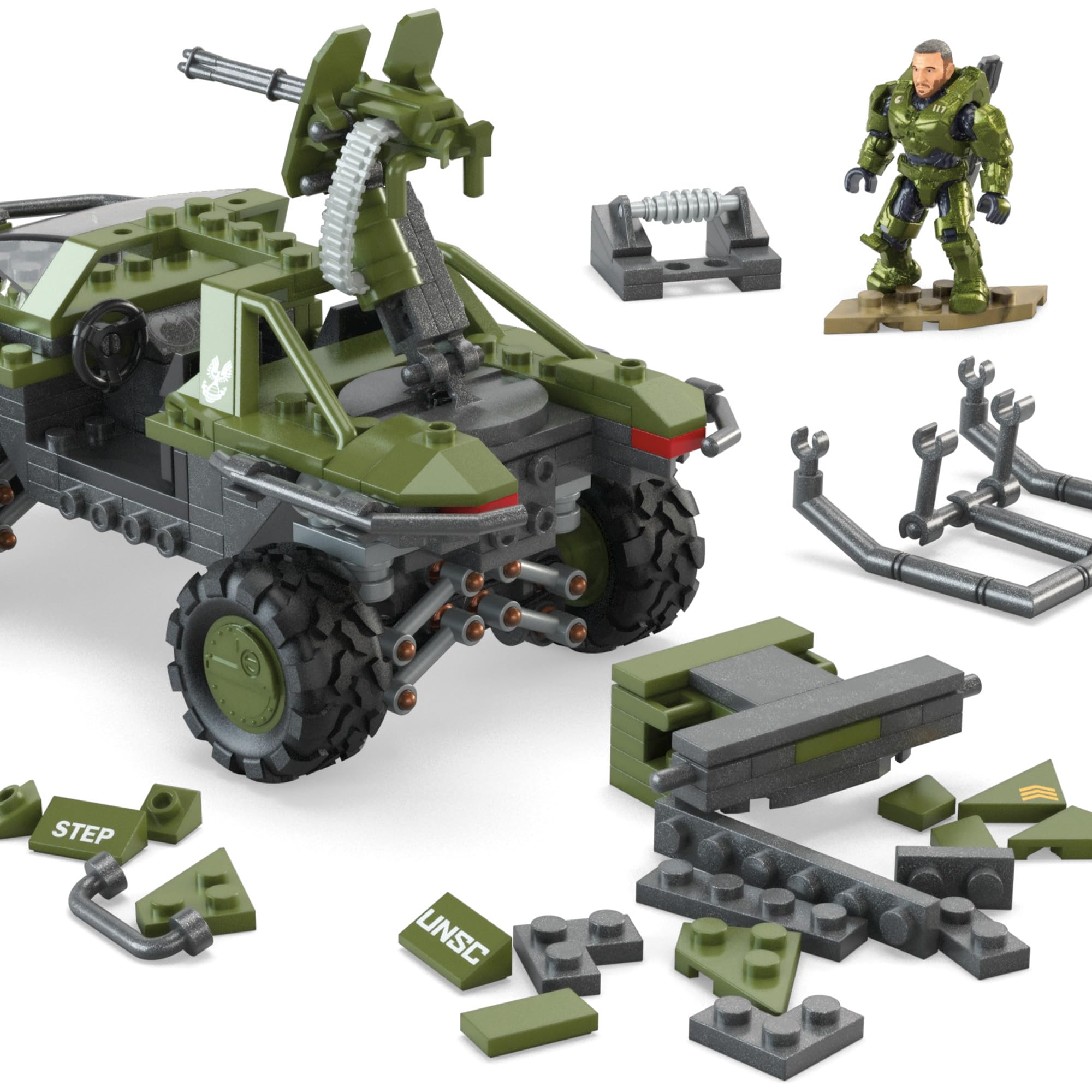 Military vehicle model with building blocks and action figurine for imaginative play.