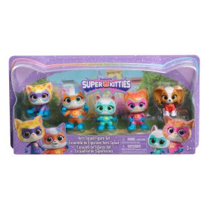 Playful Super Kitties toy figures set featuring six colorful kitties and a puppy for imaginative fun.