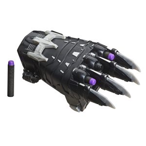 Sleek black mechanical gauntlet with claws and purple projectile accessory for interactive superhero play.