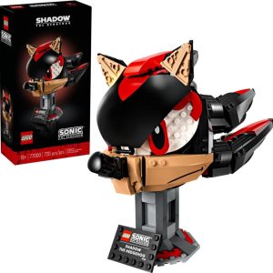 Detailed LEGO model of Shadow the Hedgehog, blending vibrant colors and nostalgic design.