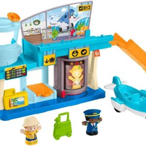 Vibrant airport playset with slide, boat, and travel figures for imaginative adventures.
