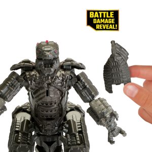 Heavily armored action figure with removable armor, showcasing detailed battle damage and interactive features.