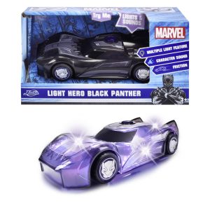 Black Panther toy car with light-up features and sleek design for kids and collectors.