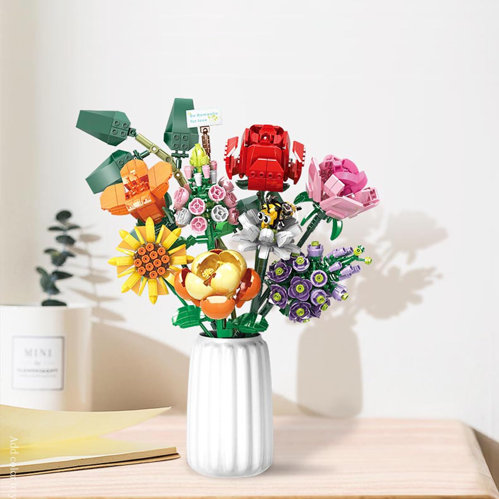 Colorful block flower arrangement in a sleek vase, blending creativity with natures beauty.