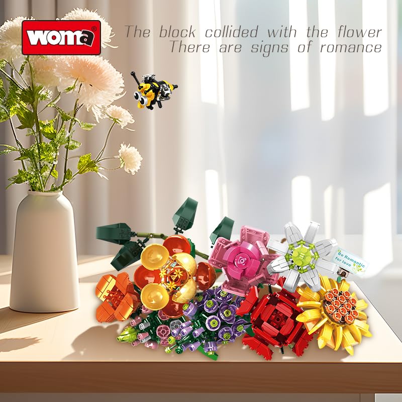Colorful block flowers and white daisies embody whimsy and romance in natures creative interplay.