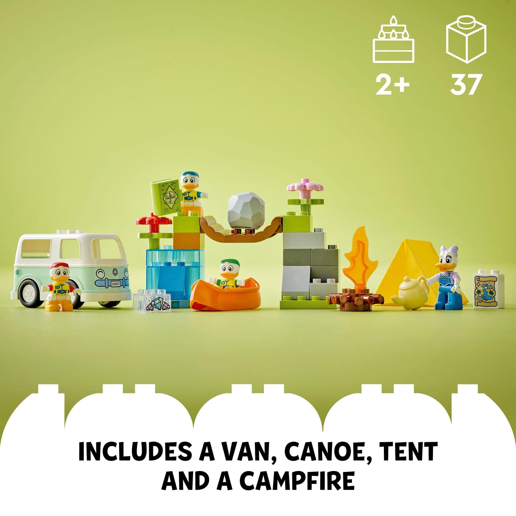 Colorful camping adventure set for kids with camper, canoe, campfire, and cheerful figures.