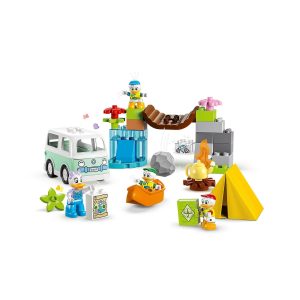 Cheerful camping scene with a green camper, happy characters, campfire, and vibrant outdoors.