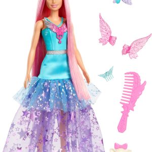 Enchanting doll set with vibrant hair, butterfly wings, and playful accessories for imaginative play.