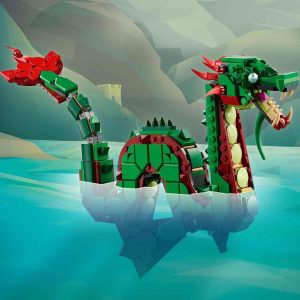 Vibrant LEGO dragon emerges from serene waters, set in a whimsical fantasy landscape.