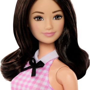Cheerful fashion doll in pink gingham with brown hair and a stylish collar.