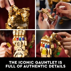 Miniature gauntlet building process in four panels, showcasing craftsmanship and vibrant pop culture details.
